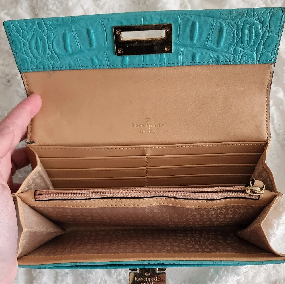Kate Spade Accordian Flap Leather Wallet Croc Embossed Teal Preppy Chic